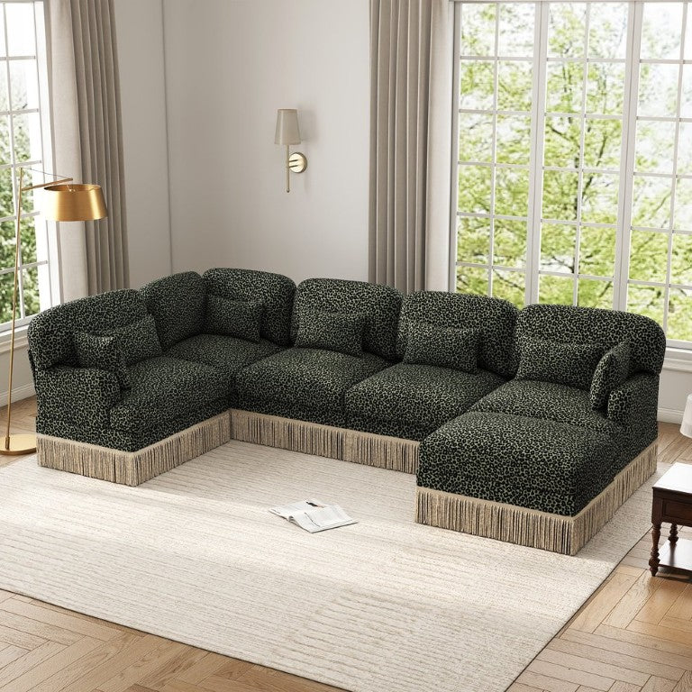 English Elm Large Modular Chenille Sectional Sofa with Leopard Print Tassel Trim and Ottoman W5656S00134