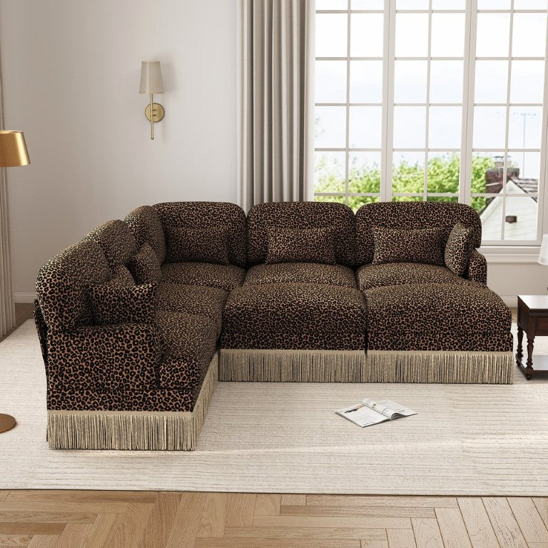 English Elm Large Modular Chenille Sectional Sofa with Tassel Trim and Leopard Print for Living Rooms W5656S00136