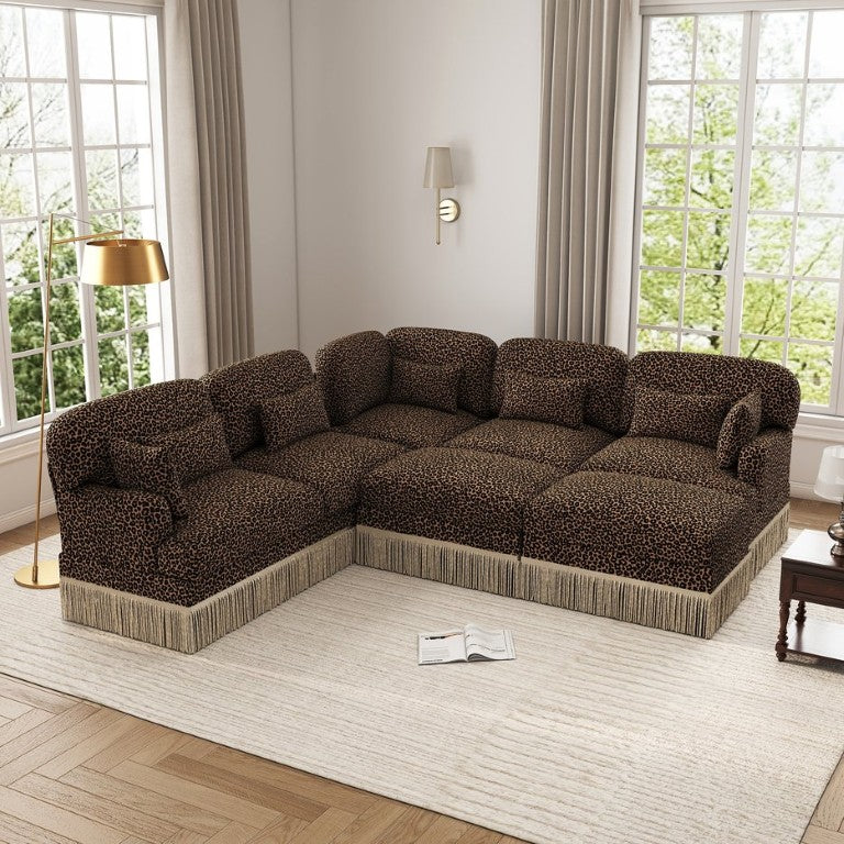 English Elm Large Modular Chenille Sectional Sofa with Tassel Trim and Leopard Print for Living Rooms W5656S00136