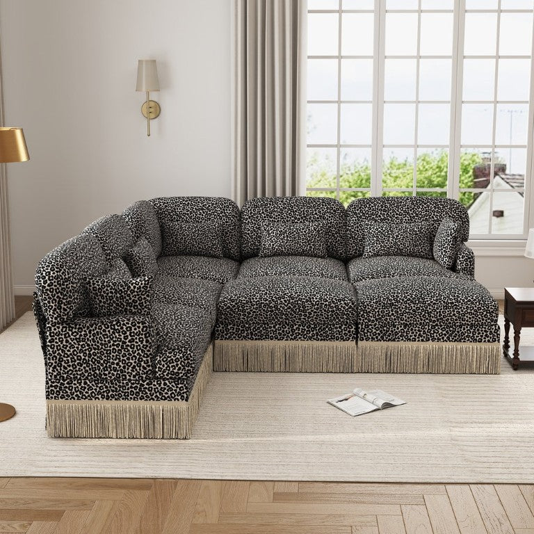 English Elm Large Leopard Chenille Modular Sectional with Tassel Trim and Seven Plush Seats W5656S00137