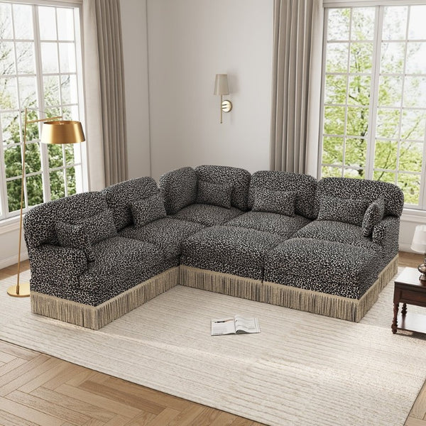 English Elm Large Leopard Chenille Modular Sectional with Tassel Trim and Seven Plush Seats W5656S00137