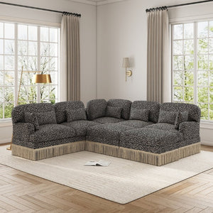 English Elm Large Leopard Chenille Modular Sectional with Tassel Trim and Seven Plush Seats W5656S00137