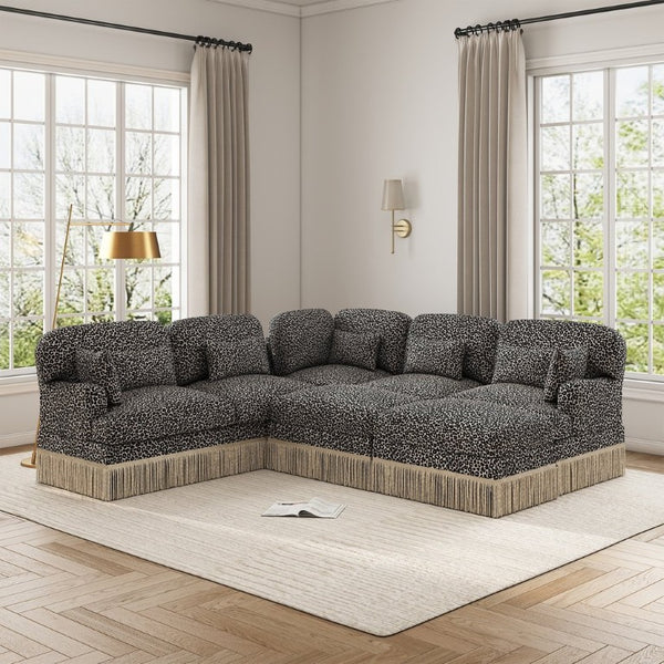 English Elm Large Leopard Chenille Modular Sectional with Tassel Trim and Seven Plush Seats W5656S00137