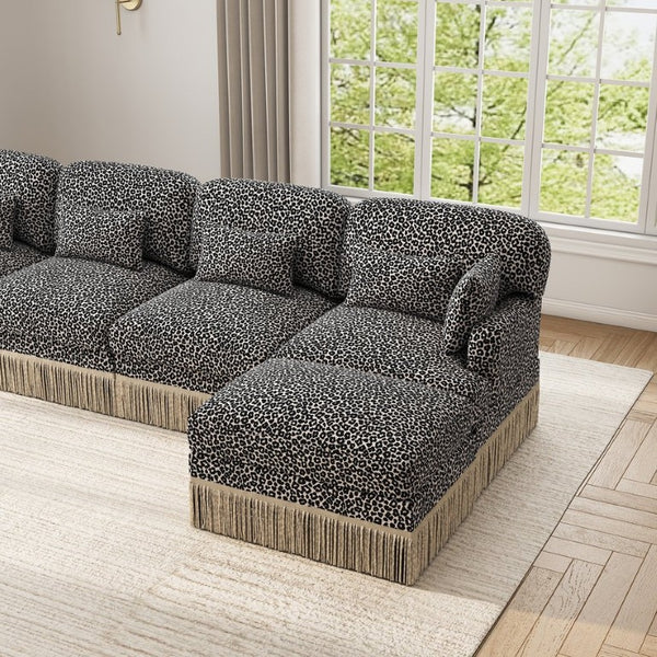 English Elm Large Leopard Chenille Modular Sectional with Tassel Trim and Seven Plush Seats W5656S00137