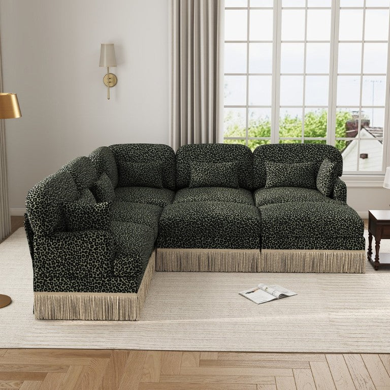 English Elm Large Leopard Chenille Sectional Sofa with Tassel Trim 7 Seat Modular L Shape Living Room W5656S00138