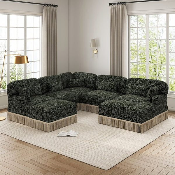 English Elm Large Leopard Chenille Sectional Sofa with Tassel Trim 7 Seat Modular L Shape Living Room W5656S00138