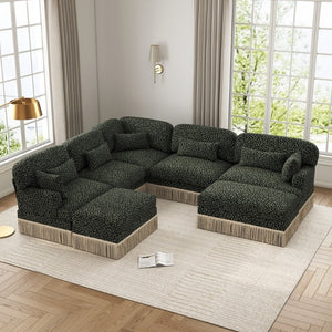 English Elm Large Leopard Chenille Sectional Sofa with Tassel Trim 7 Seat Modular L Shape Living Room W5656S00138