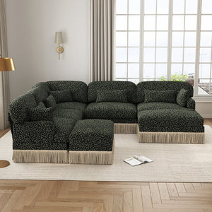 English Elm Large Leopard Chenille Sectional Sofa with Tassel Trim 7 Seat Modular L Shape Living Room W5656S00138