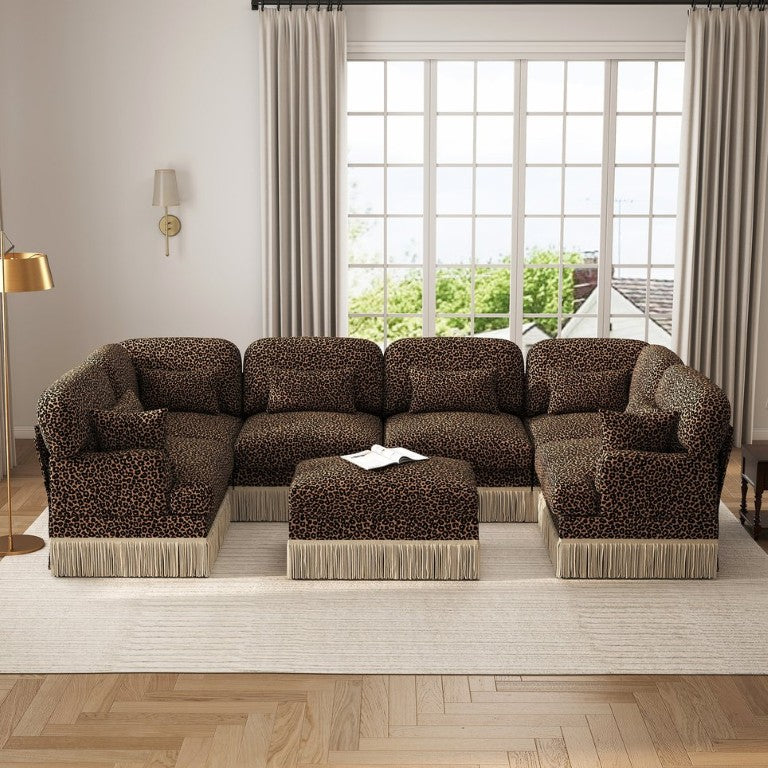 English Elm Oversized Chenille U-Shaped Sectional Sofa Leopard Print Tassel Trim 7 Seat Modular W5656S00140