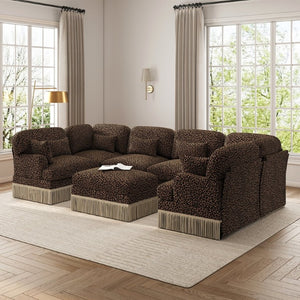 English Elm Oversized Chenille U-Shaped Sectional Sofa Leopard Print Tassel Trim 7 Seat Modular W5656S00140