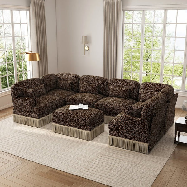 English Elm Oversized Chenille U-Shaped Sectional Sofa Leopard Print Tassel Trim 7 Seat Modular W5656S00140