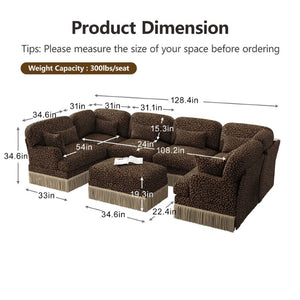 English Elm Oversized Chenille U-Shaped Sectional Sofa Leopard Print Tassel Trim 7 Seat Modular W5656S00140
