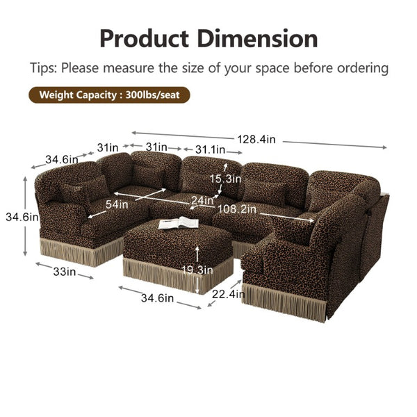 English Elm Oversized Chenille U-Shaped Sectional Sofa Leopard Print Tassel Trim 7 Seat Modular W5656S00140