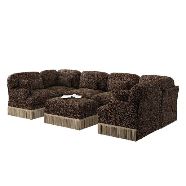 English Elm Oversized Chenille U-Shaped Sectional Sofa Leopard Print Tassel Trim 7 Seat Modular W5656S00140