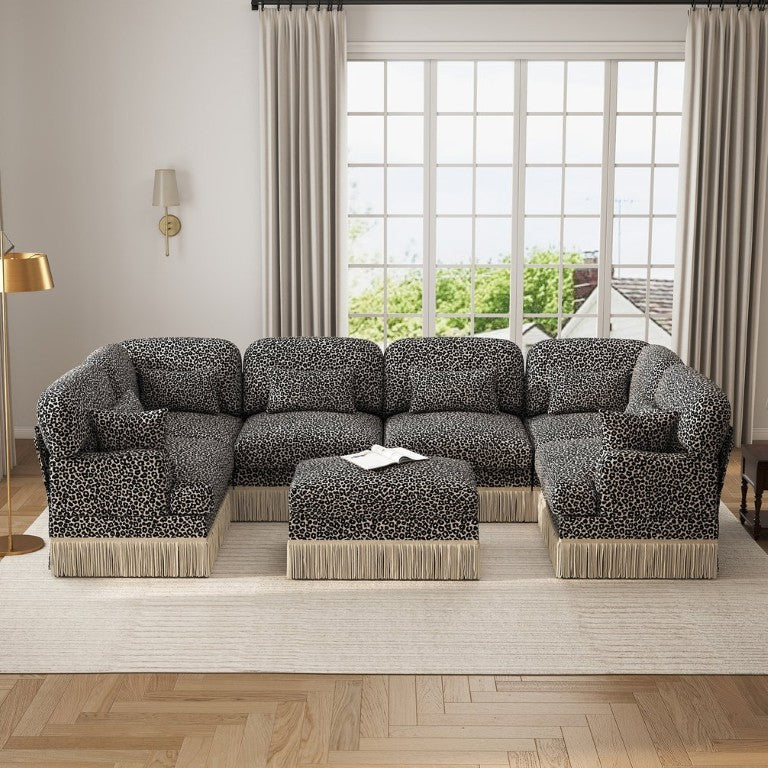 English Elm Oversized U-Shaped Chenille Sectional with Leopard Print Tassel Trim and Movable Ottoman W5656S00141