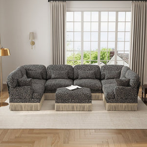 English Elm Oversized U-Shaped Chenille Sectional with Leopard Print Tassel Trim and Movable Ottoman W5656S00141