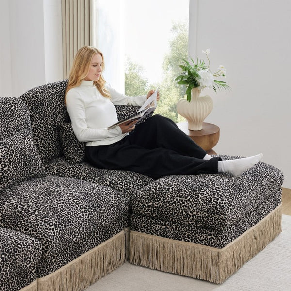 English Elm Oversized U-Shaped Chenille Sectional with Leopard Print Tassel Trim and Movable Ottoman W5656S00141