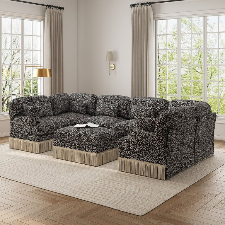 English Elm Oversized U-Shaped Chenille Sectional with Leopard Print Tassel Trim and Movable Ottoman W5656S00141