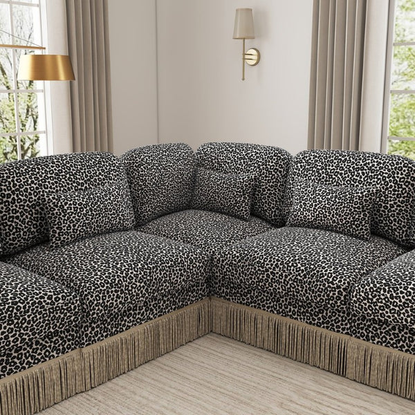 English Elm Oversized U-Shaped Chenille Sectional with Leopard Print Tassel Trim and Movable Ottoman W5656S00141