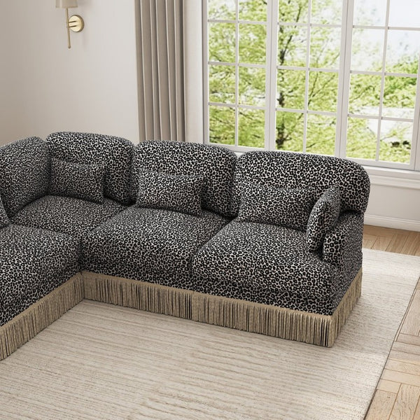 English Elm Oversized U-Shaped Chenille Sectional with Leopard Print Tassel Trim and Movable Ottoman W5656S00141