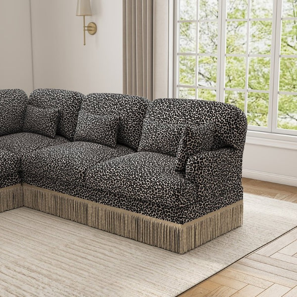 English Elm Oversized U-Shaped Chenille Sectional with Leopard Print Tassel Trim and Movable Ottoman W5656S00141