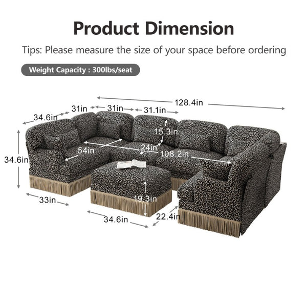 English Elm Oversized U-Shaped Chenille Sectional with Leopard Print Tassel Trim and Movable Ottoman W5656S00141
