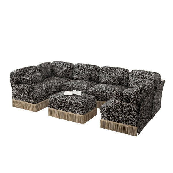 English Elm Oversized U-Shaped Chenille Sectional with Leopard Print Tassel Trim and Movable Ottoman W5656S00141