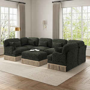 English Elm Oversized Chenille U-Shaped Sectional Seven Seat Modular Sofa with Tassel Trim Ottoman W5656S00142