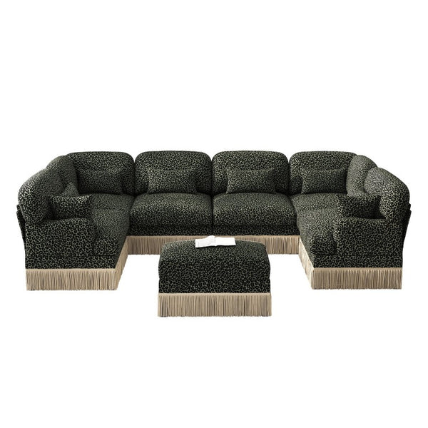 English Elm Oversized Chenille U-Shaped Sectional Seven Seat Modular Sofa with Tassel Trim Ottoman W5656S00142