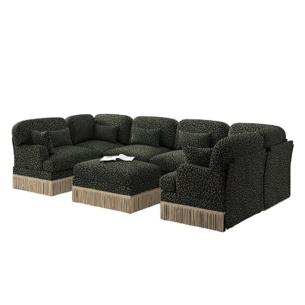 English Elm Oversized Chenille U-Shaped Sectional Seven Seat Modular Sofa with Tassel Trim Ottoman W5656S00142