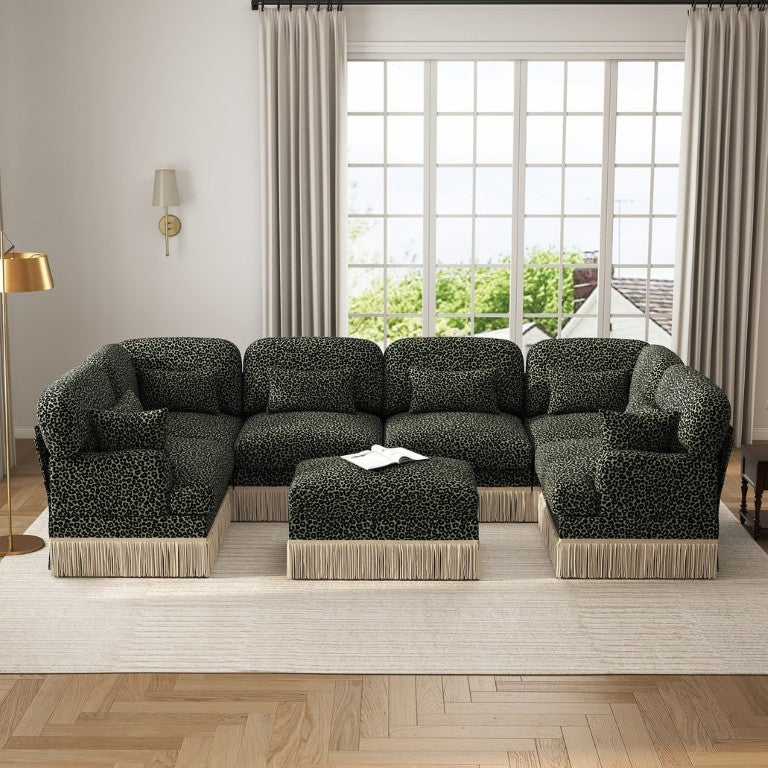 English Elm Oversized Chenille U-Shaped Sectional Seven Seat Modular Sofa with Tassel Trim Ottoman W5656S00142