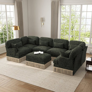 English Elm Oversized Chenille U-Shaped Sectional Seven Seat Modular Sofa with Tassel Trim Ottoman W5656S00142