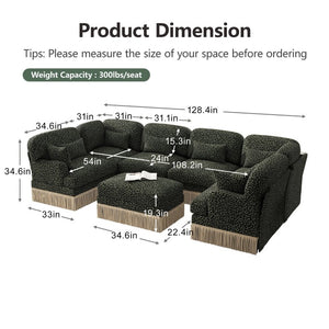 English Elm Oversized Chenille U-Shaped Sectional Seven Seat Modular Sofa with Tassel Trim Ottoman W5656S00142