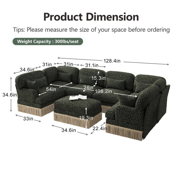 English Elm Oversized Chenille U-Shaped Sectional Seven Seat Modular Sofa with Tassel Trim Ottoman W5656S00142