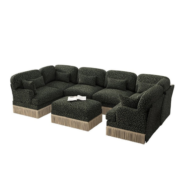 English Elm Oversized Chenille U-Shaped Sectional Seven Seat Modular Sofa with Tassel Trim Ottoman W5656S00142