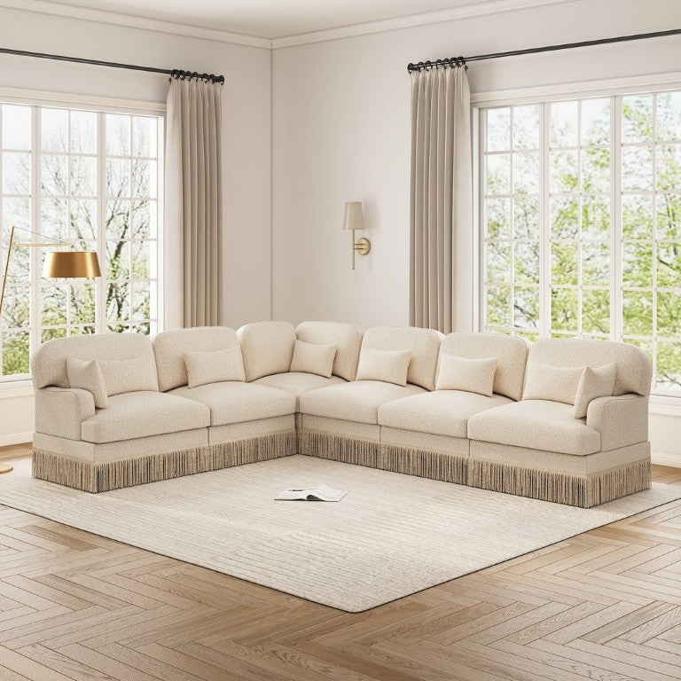 English Elm Oversized Leopard Chenille Sectional Sofa Six Seat L Shape with Tassel Trim Pillows W5656S00147