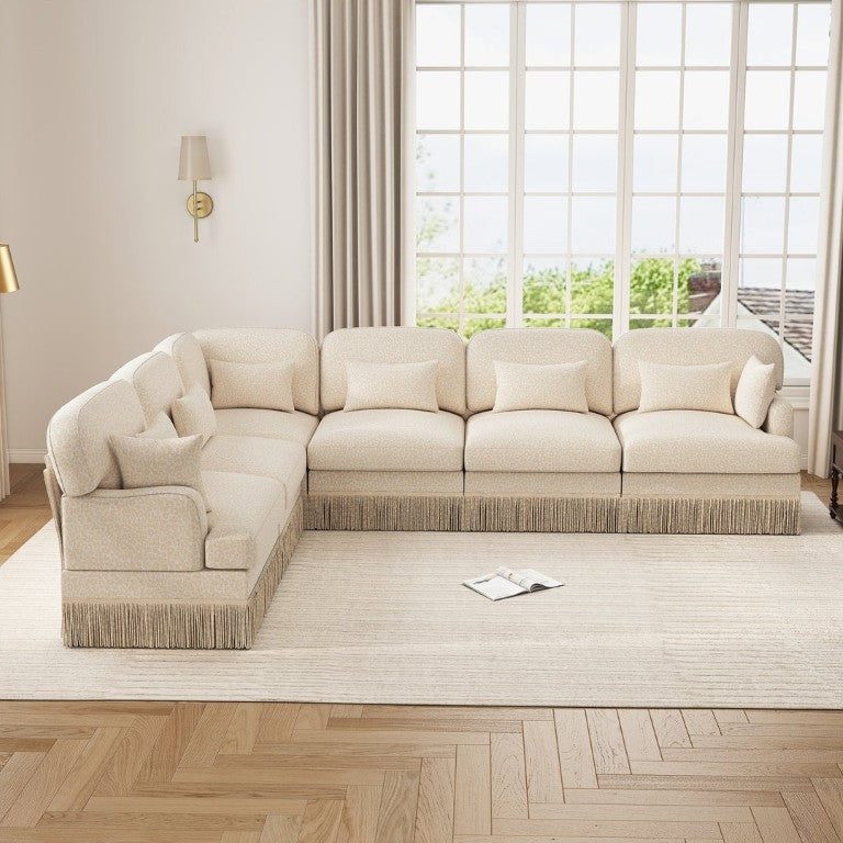 English Elm Oversized Leopard Chenille Sectional Sofa Six Seat L Shape with Tassel Trim Pillows W5656S00147