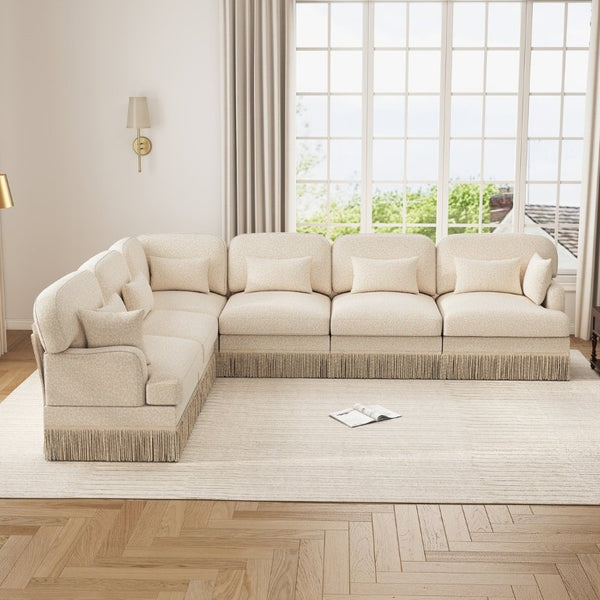 English Elm Oversized Leopard Chenille Sectional Sofa Six Seat L Shape with Tassel Trim Pillows W5656S00147