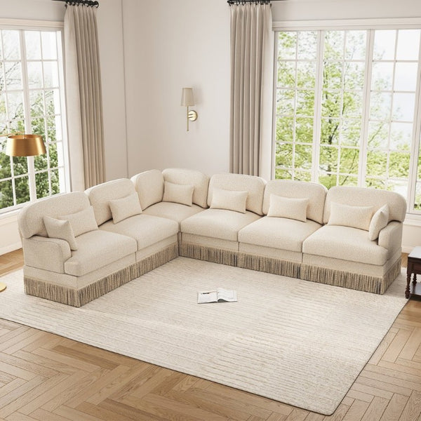 English Elm Oversized Leopard Chenille Sectional Sofa Six Seat L Shape with Tassel Trim Pillows W5656S00147