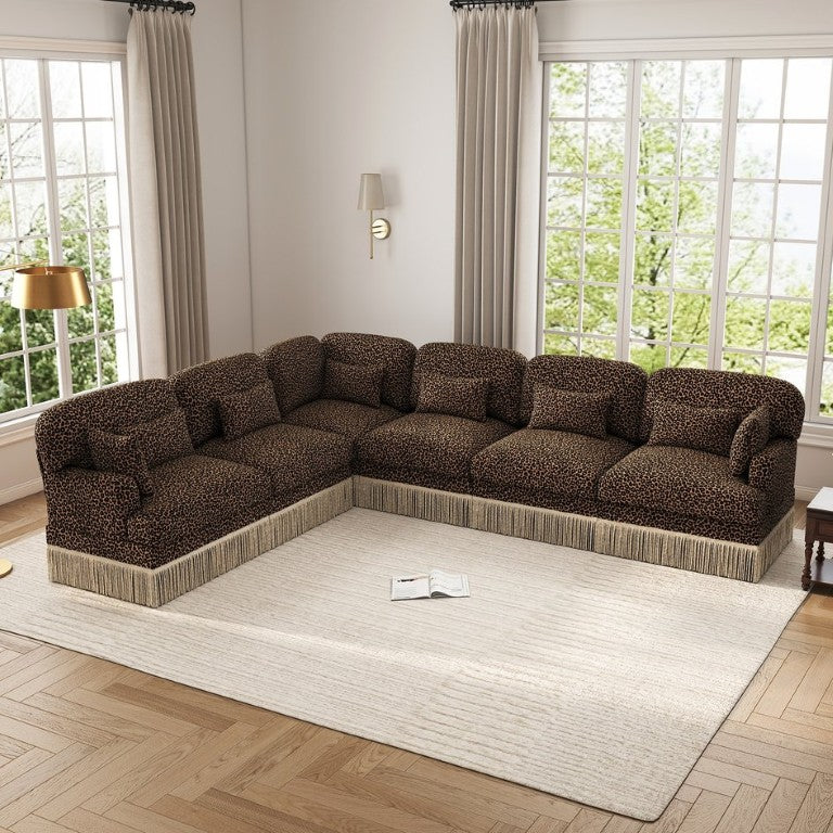 English Elm Oversized Chenille L Shaped Sectional with Leopard Print Tassel Trim and Six Plush Seats W5656S00148