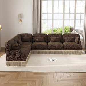English Elm Oversized Chenille L Shaped Sectional with Leopard Print Tassel Trim and Six Plush Seats W5656S00148