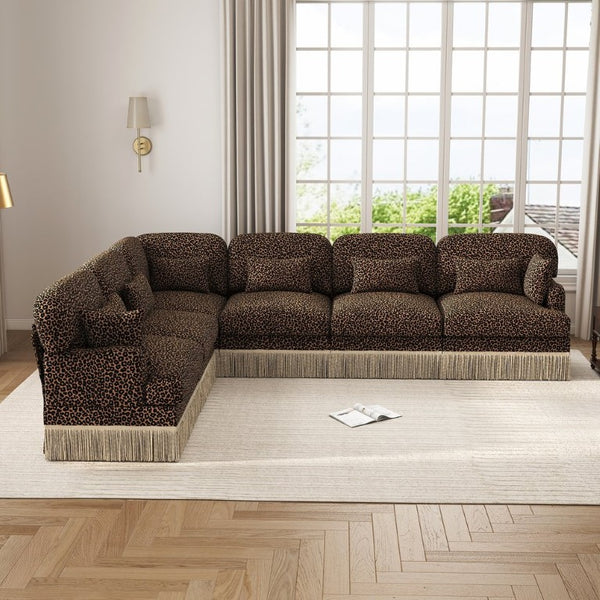 English Elm Oversized Chenille L Shaped Sectional with Leopard Print Tassel Trim and Six Plush Seats W5656S00148
