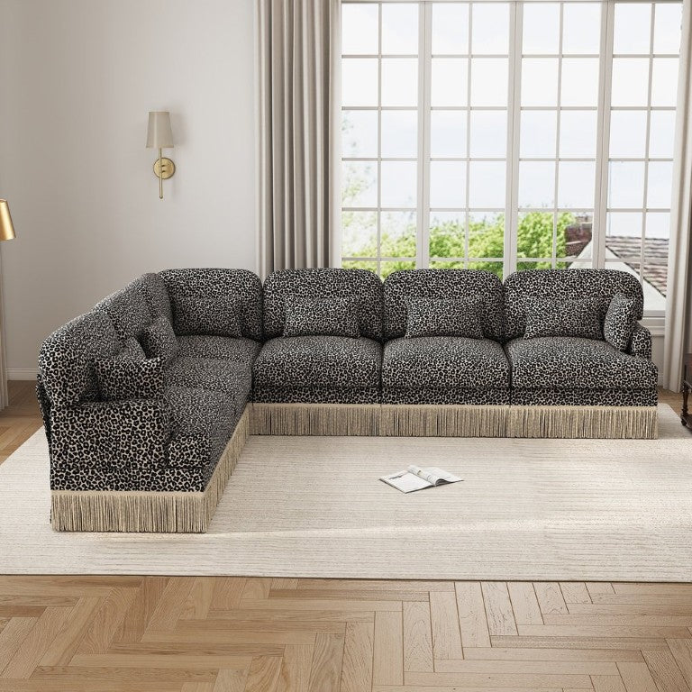 English Elm Oversized Modular L Shaped Chenille Sectional with Tassel Trim and Eight Accent Pillows W5656S00149