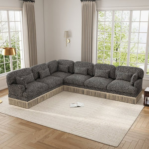 English Elm Oversized Modular L Shaped Chenille Sectional with Tassel Trim and Eight Accent Pillows W5656S00149
