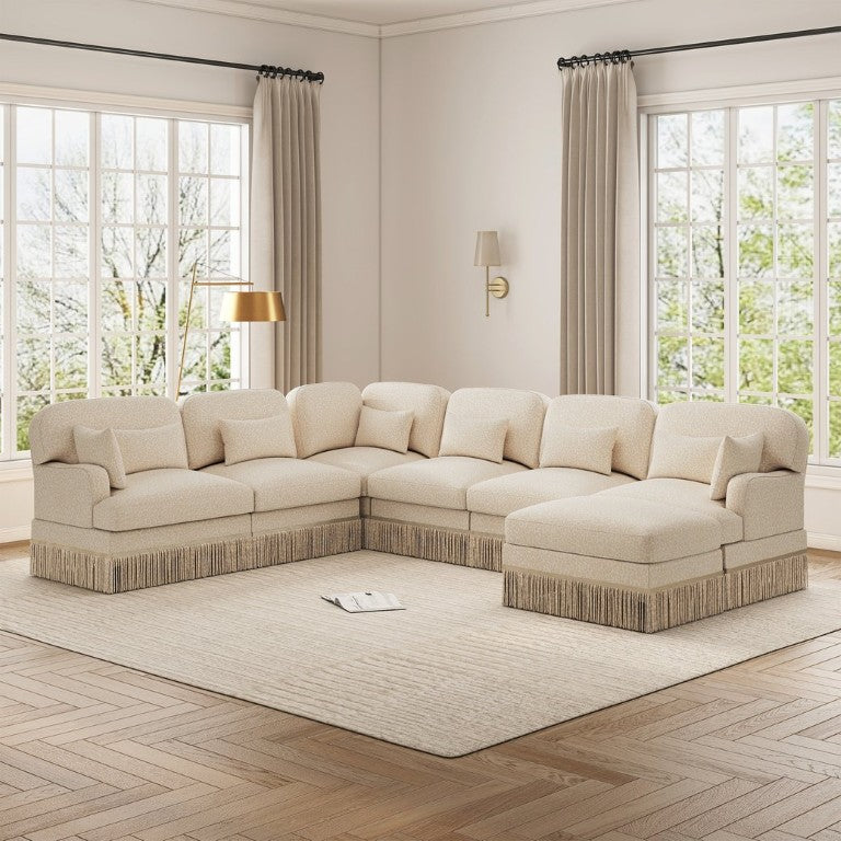 English Elm Oversized Modular V Shape Chenille Sectional with Tassel Trim and Movable Ottoman W5656S00151
