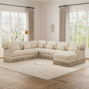English Elm Oversized Modular V Shape Chenille Sectional with Tassel Trim and Movable Ottoman W5656S00151