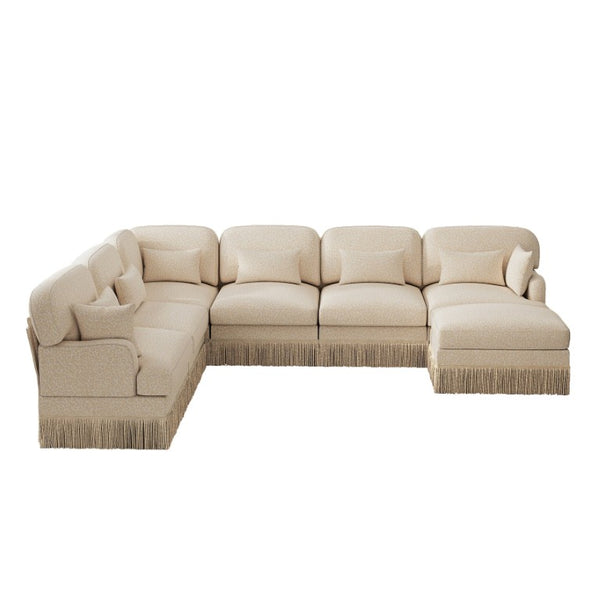 English Elm Oversized Modular V Shape Chenille Sectional with Tassel Trim and Movable Ottoman W5656S00151