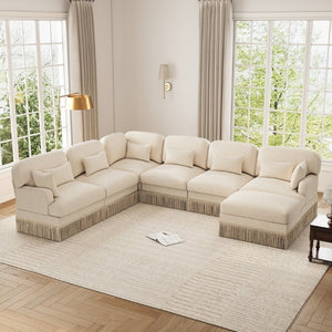 English Elm Oversized Modular V Shape Chenille Sectional with Tassel Trim and Movable Ottoman W5656S00151