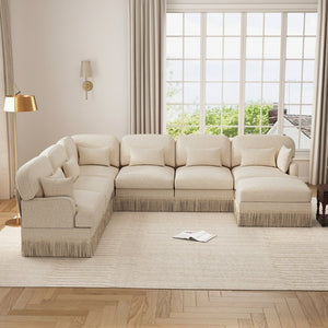 English Elm Oversized Modular V Shape Chenille Sectional with Tassel Trim and Movable Ottoman W5656S00151
