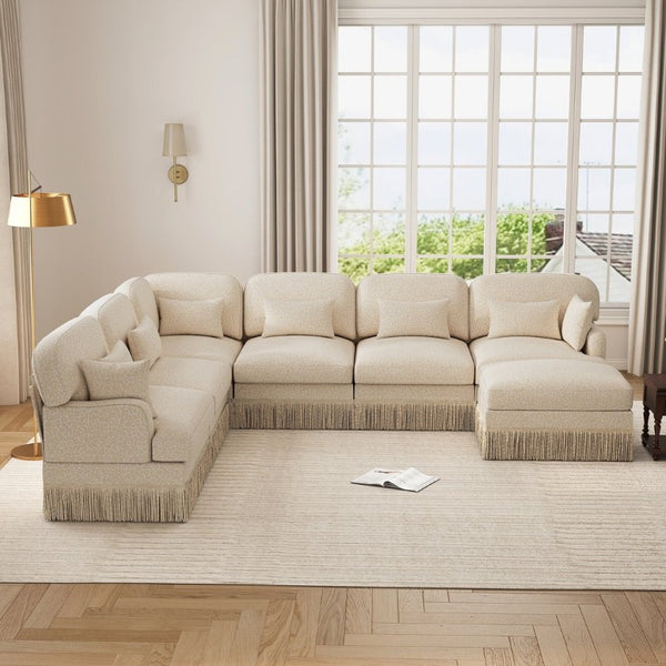 English Elm Oversized Modular V Shape Chenille Sectional with Tassel Trim and Movable Ottoman W5656S00151